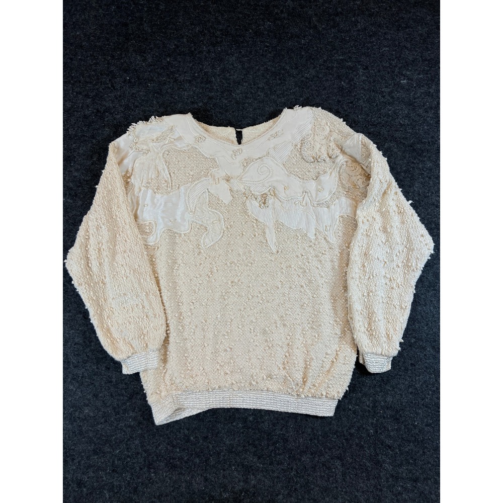 Vintage Made in Italy Beaded Lace Popcorn Knit Cotton Sweater Cream 1970s Luxury